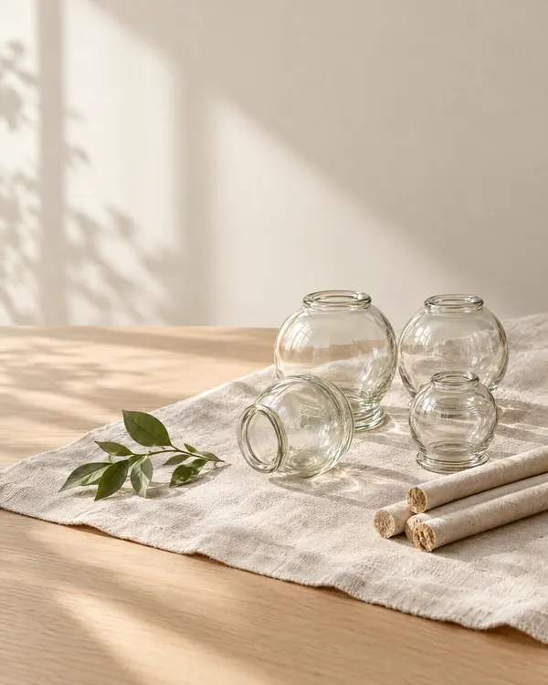 Glass cupping cups and moxa sticks on linen