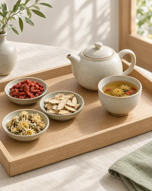 Herbal tea and dried traditional Chinese herbs on an oak tray