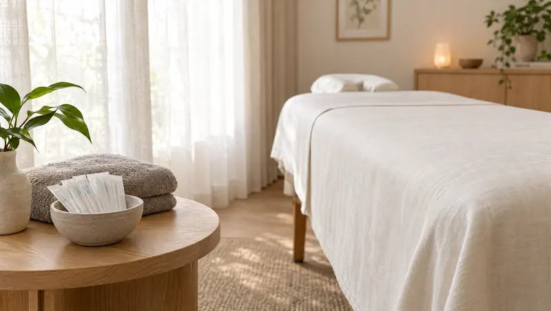 A calm acupuncture treatment room with a linen-covered table and sterile needles