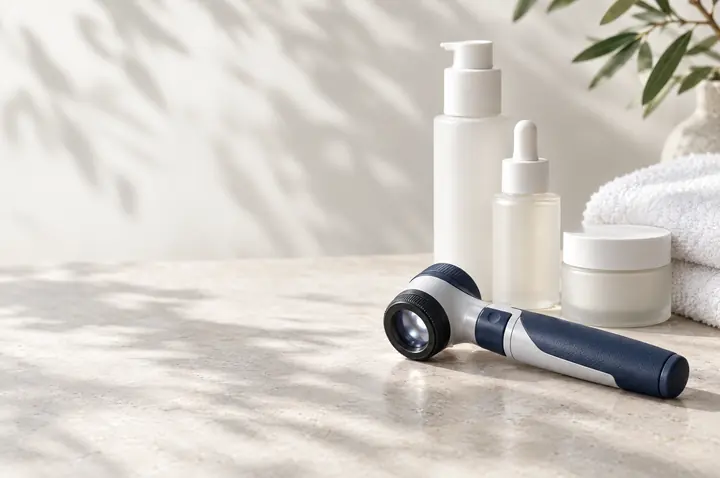 Skin care products in a calm treatment room