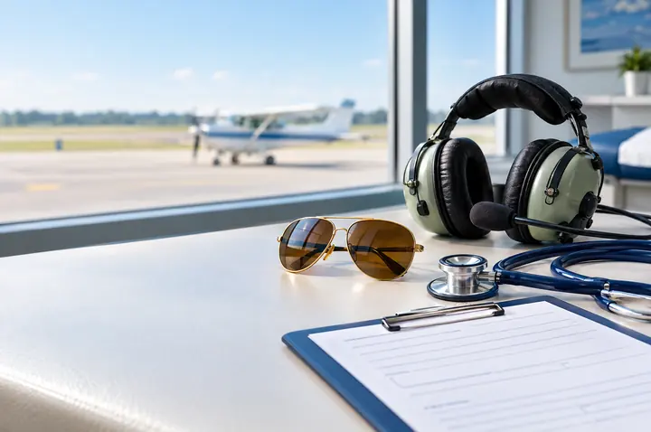 Aviation headset and aviator sunglasses beside a stethoscope