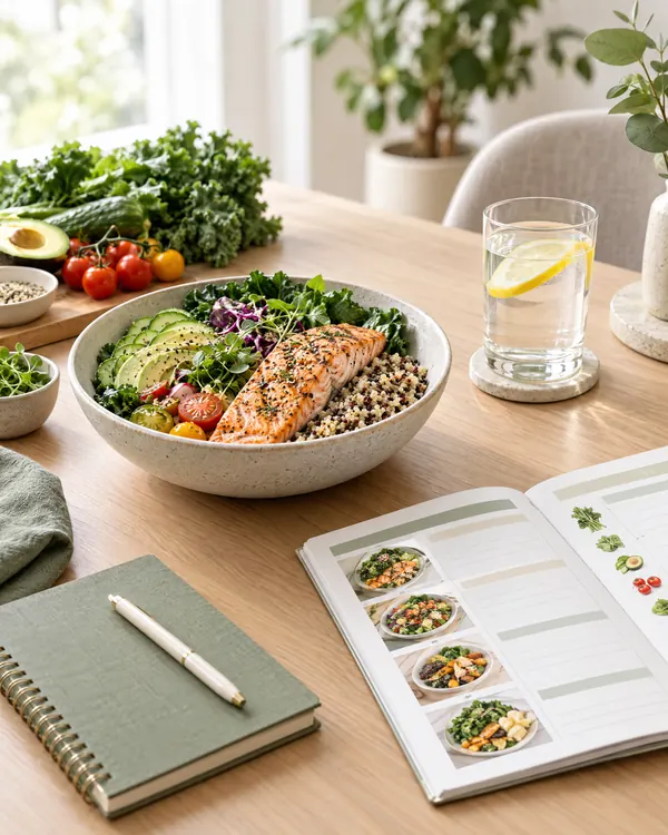 A balanced meal and meal plan on a nutrition consultation table