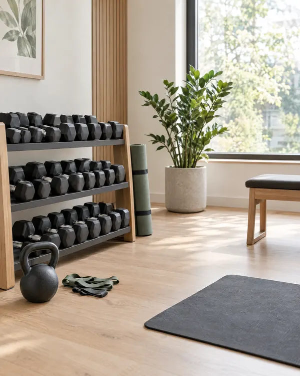 A calm private personal-training studio with dumbbells and mats